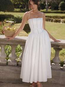 Nueva Llegada Vestido Sin Tirantes Estampado Floral Estilo Suave Elegante - Blanco - Ver 4