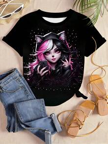Camiseta de Mujer de Moda Anime Ángel Lindo , Estampado 3D, Manga Corta, Cuello Redondo, Casual, Vintage, Fábrica Directa, Ropa de Mujer, Blusa Holgada, Recomendada para Todas las Estaciones - Negro - Ver 2