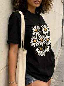 Camiseta Casual de Mujer con Estampado Floral de Margaritas, Cuello Redondo, Manga Corta con Hombros Caídos, Camiseta de Elasticidad Media para Conjuntos de Primavera ZPNI - Negro - Ver 2