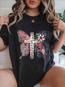 Women's Vintage Style Short Sleeve Casual T-Shirt - Floral Butterfly And Cross Design, Round Neck, Summer Top, Machine Washable, Ladies' T-Shirts, Casual Wear, Modern Style, Comfortable Fit

-WhiteFashion - 黑色 - 查看 7