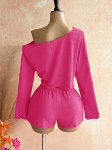Casual 2-Piece Set Consisting Of A Cropped Top With An Irregular Neckline And Lettuce Hem, And Shorts, In A Solid Color, For Vacation, Spring/Summer - Fuchsia Pink - View 2