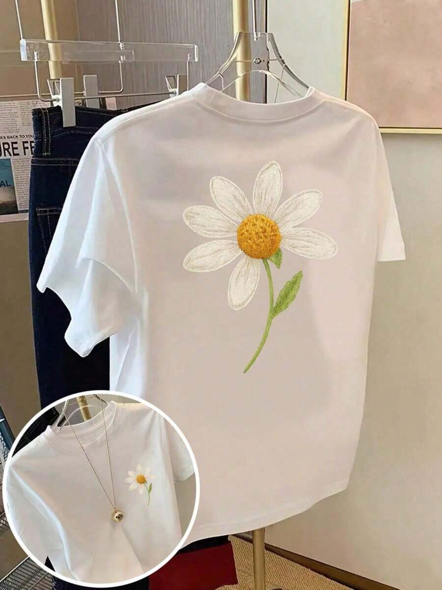 Plus Size Women's Short Sleeve T-Shirt - Casual Basic Loose Fit T-Shirt, Stylish Polyester Tops, Short Sleeve T-Shirt With Floral Print On Front And Back - Daisies, Modern Floral Print - Spring/Summer Printed T-Shirt For Women, Breathable And Comfortable Fashion Item. - 白色 - 查看 1