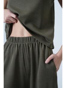 Women's Solid Color Turtleneck Tank Top And Pants Casual Suit - Army Green - View 2