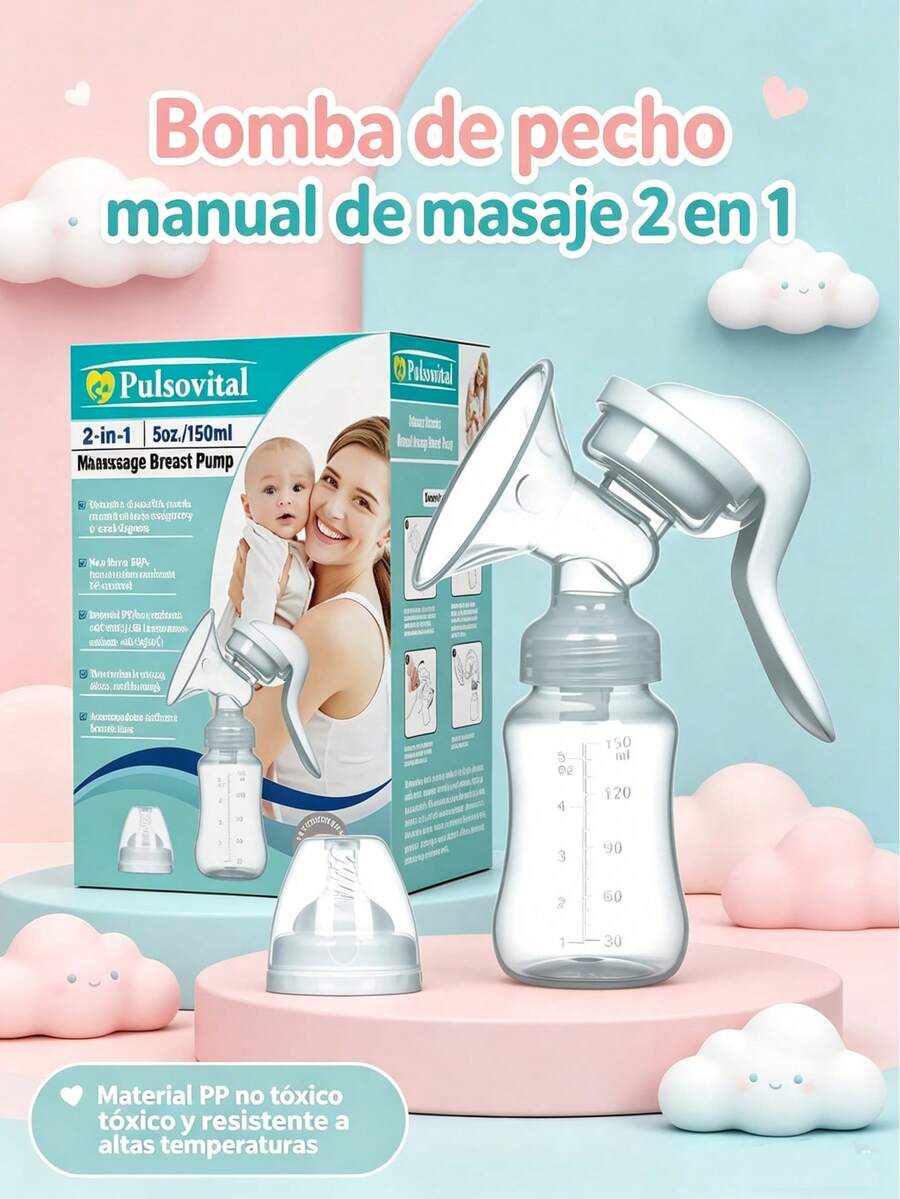 Pulsovital Sacaleches Manual 2 en 1, Extractor de Leche Materna con Cojín de Masaje de Silicona Suave, Libre de BPA, 150ml, Ideal para Lactancia y Almacenamiento - Blanco - Ver 1