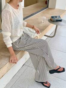 宽松高腰条纹阔腿裤，抽绳腰带，百搭（条纹图案随机）春季款 - 杏色 - 查看 5