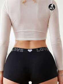 4pcs/Pack Women's Heart Print High Elasticity Boyshort Panties, Elastic Waist Briefs, Multi-Color - Multicolor - View 4