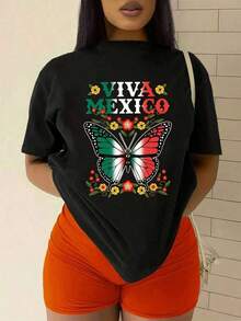 Playera de mujer de algodón suave con estampado gráfico de hojas otoñales, cuello redondo, estilo casual, manga corta, ideal para primavera, verano y otoño - Negro - Ver 2