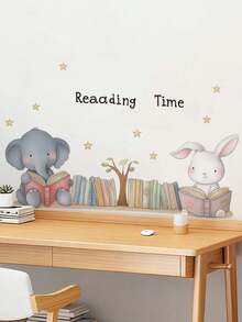 1pc Cartoon Cute Elephant & Rabbit Reading Time Wall Decal, Removable Wall Sticker For Bedroom, Living Room, Kids Room, School - 1PC - View 2