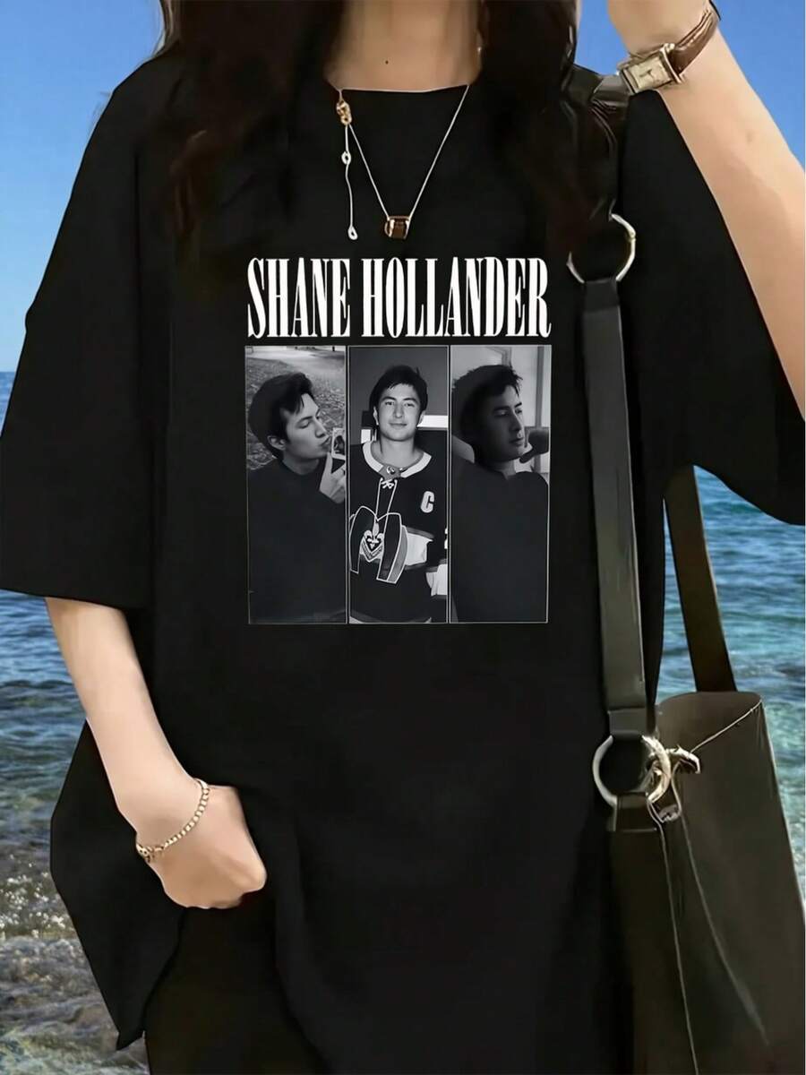 Shane Hollander "Heated Rivalry" Themed Graphic Tee - Women's Casual Short-Sleeve Crew Neck Tee, Soft Polyester Blend, Loose Fit, Essential For Any Fashionable Outfit. Loose, Casual, And Versatile Tee. - 黑色 - 查看 1