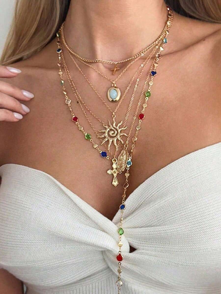 6pcs Fashionable Colorful Chain Necklace, Y-Shaped Long Necklace Suitable For Travel, Dating, Party - Multicolor - View 1