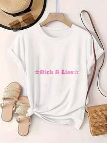 Camiseta Casual de Manga Corta para Mujer - Camiseta de Verano con Cuello Redondo Star And Lies Star, Lavable a Máquina, Camisetas para Damas, Ropa Casual, Estilo Moderno, Ajuste Cómodo  
 Negro - Blanco - Ver 2