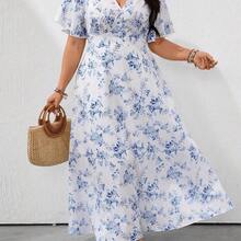 Clasi Loose V-Neck Batwing Sleeve Blue & White Ceramic Print Casual Holiday Plus Size Dress - Rosa - Ver 6