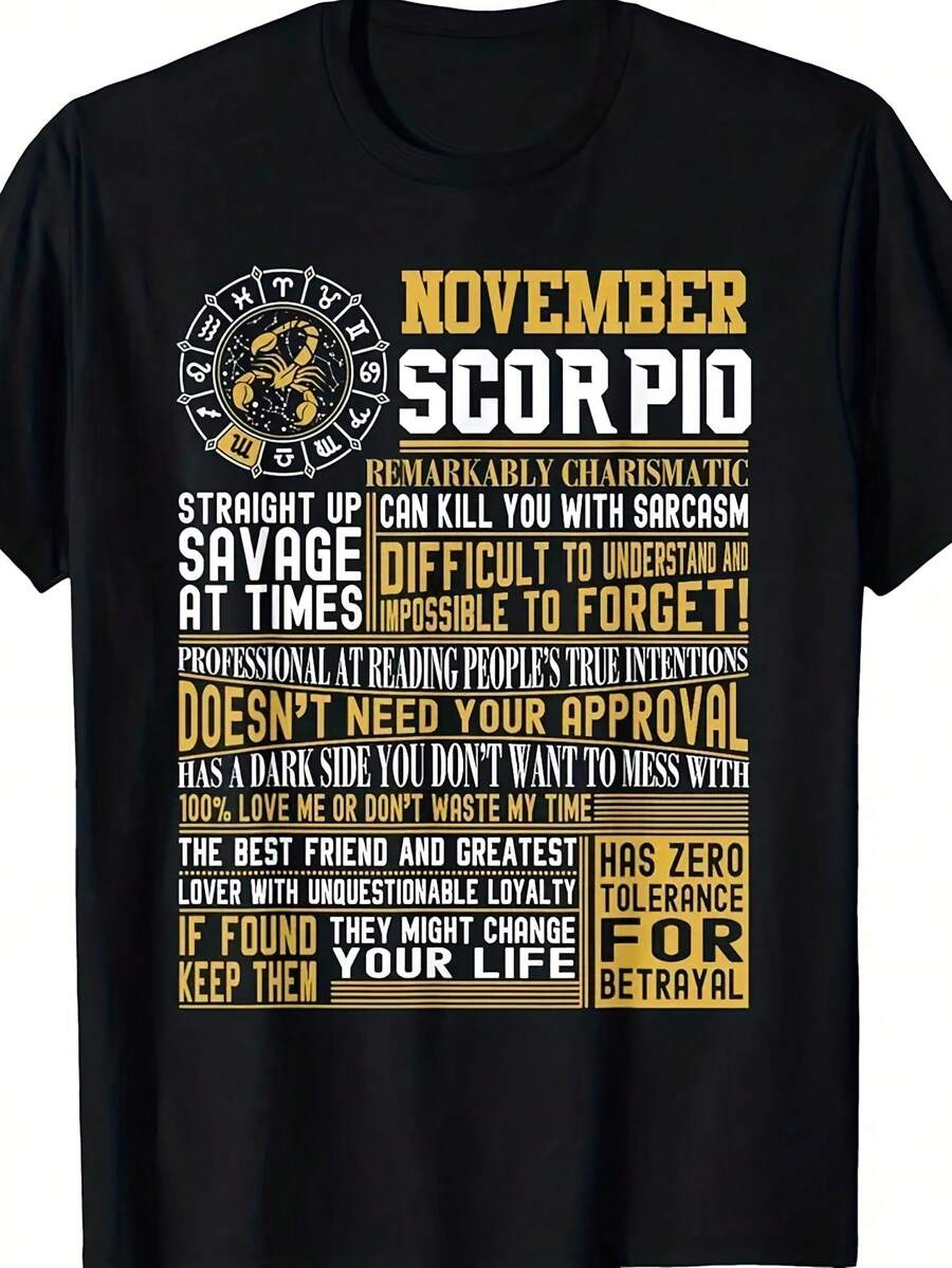 November Scorpio Zodiac Sign T-Shirt - Featuring A Stunning Scorpio Emblem And Descriptive Features - Black Astrology Graphic Tee Suitable For Men And Women - Ideal Birthday Gift For Scorpios (Born In November). This Unisex Shirt Is A . - 黑色 - 查看 1