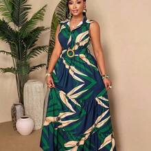 Plus Size Women's Spring/Summer Sleeveless Shirt Dress - Front Button Design With Pleated Maxi Dress, Casual Office Wear; Tropical Print Sleeveless Elastic Waist Dress - Summer Beach Holiday Outfit Elegant - Verde azulado - Ver 5