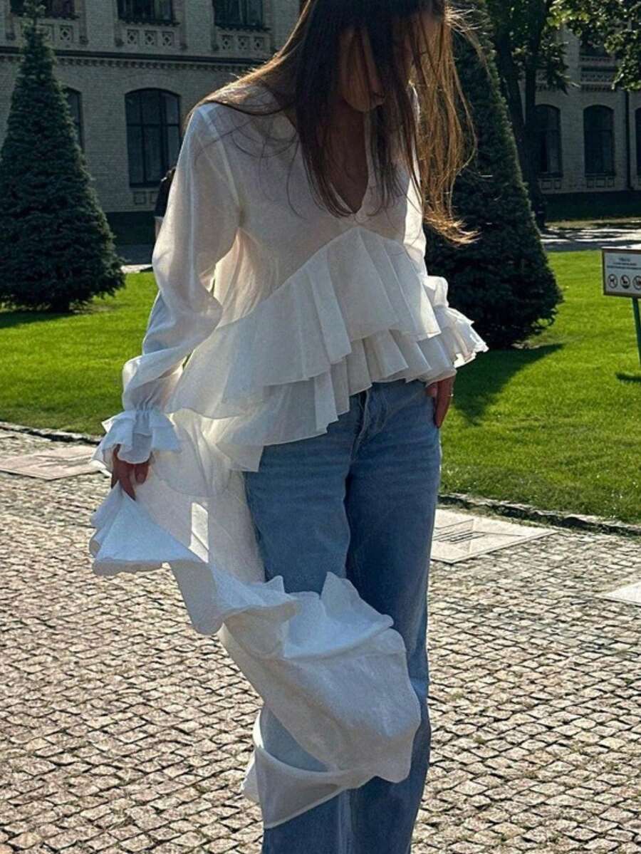 White Beach Blouse With Ruffles, V-Neck And Bell Sleeves, Exclusive Design With Long Trailing Skirt - White - View 1