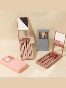 Portable 5-In-1 Makeup Brush Set With Mirror - Multicolor - View 2