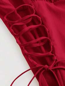 Vestido de tirantes unicolor pecho con fruncido con cordón lateral - Rojo - Ver 3