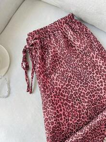 Pantalones anchos de pierna negros con diseño de estampado de leopardo retro elegante, pantalones rectos con cintura elástica con cordón, uso casual, vuelta al colegio - Rosa Fucsia - Ver 4