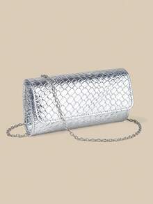 1pc Silver Woven Texture Mirror PU Clutch Bag, Smooth Body Is The Perfect Fusion Of Elegance And Fashion, Suitable For Wedding/Party/Prom/Banquet - Silver - View 7