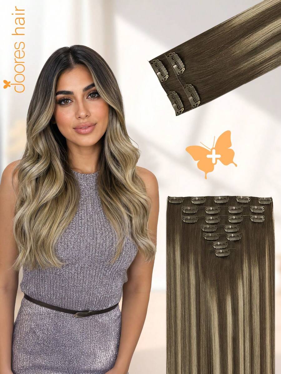 DOORES 9PCS Clip In Hair Extensions Straight Real Human Hair Natural Virgin Human Hair Extensions Double Weft Clip Ins Invisible & Soft Mini Hair Pieces For Thinning Hairs For Women - S4/18 - View 1