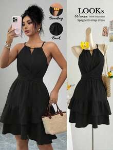 Vestido mini ajustado y acampanado sin mangas, elegante, de color caqui, con lazo de cuentas para mujer, para primavera/verano - Negro - Ver 8