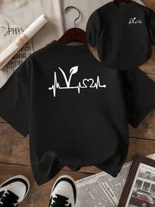 Pulse Symbol With Leaf Representing The Connection Between Life, Nature, And Love In Harmony With Vital Energy. Women's T-Shirt With Double-Sided Print, Casual, Modern Style. - 黑色 - 查看 1