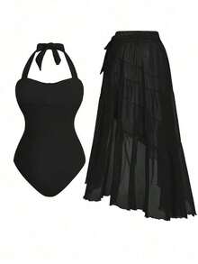 Swim Oasis Conjunto de traje de baño de una pieza con estampado floral 3D para vacaciones de verano - Negro - Ver 2