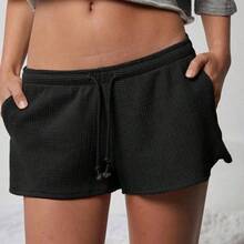Mid Rise Drawstring Waist Textured Waffle Knit Lounge Short Spring, Summer, Festival, Stagecoach, Coachella, Boho, Cute, Casual, Country Concert Outfit, Nashville, Rodeo, Western Wear For Women, Vacation, Beach, 4th Of July Outfit - Verde Oscuro - Ver 5