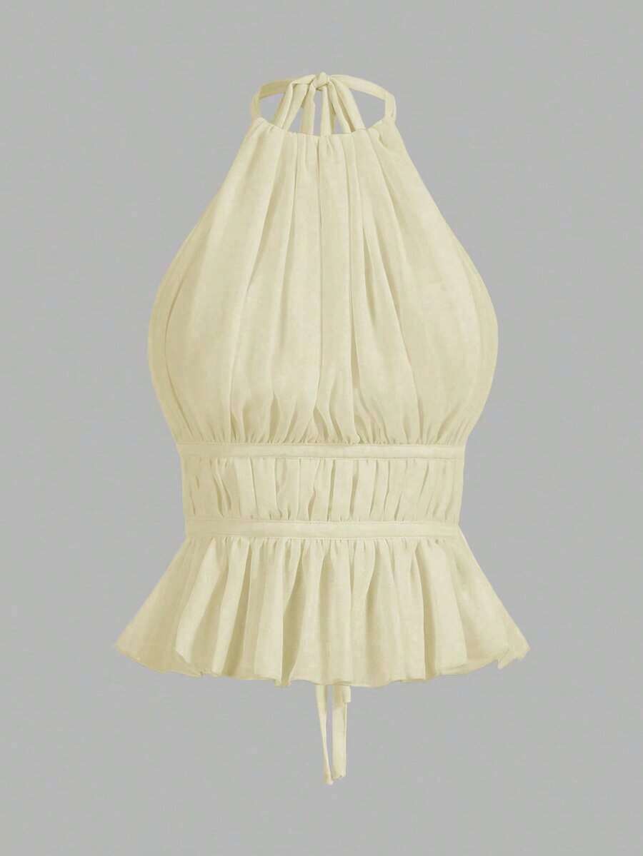 Top sin espalda con cuello de halter con pliegues y cintura con lazo para mujer - Amarillo claro - Ver 1