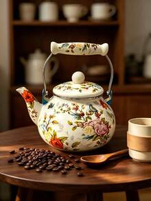 1pc Multi-Functional Enamel Kettle With Filter, Suitable For Various Beverages, Retro Style Floral Pattern, Scald-Proof Ceramic Handle, Gold/Silver Rim Decor, Extra Large Tea Pot For Home Kitchen And Outdoor, Ideal Housewarming Or Wedding Gift, Rust-Resistant And Easy To Clean Enamel Coating - Multicolor Kettle - View 10