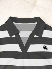 Blusa casual de mujer con cuello polo a rayas y manga corta - Gris - Ver 3