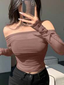 Blusa de mujer de malla elástica transparente con hombros descubiertos, blusa de manga larga para mujer de primavera/verano - Marrón Chocolate - Ver 10