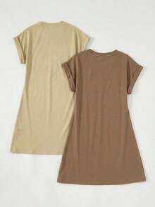 Set de 2 vestidos mini de manga corta y cuello redondo, de punto de unicolor casual, para mujeres - Multicolor 2 - Ver 4