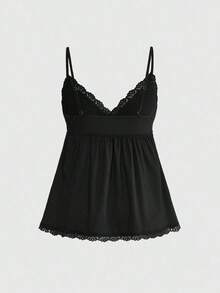 Conjunto de pijama casual de camiseta de tirantes acanalada y shorts con encaje - Negro - Ver 6