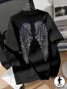 1 pieza de camiseta holgada y transpirable para verano, camiseta negra de manga corta con un diseño visual tridimensional estampado de alas de ángel con diamantes brillantes. Es llamativo, creando un aspecto misterioso, genial y elegante, personalizado. Adecuado para uso diario, atuendos urbanos o presentaciones en el escenario, muestra plenamente confianza y encanto único. 180g Algodón 100% - Negro - Ver 3