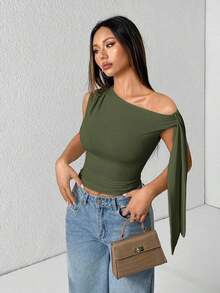 Top de hombro asimétrico con tirantes de atar de unicolor para mujer - Verde militar - Ver 1