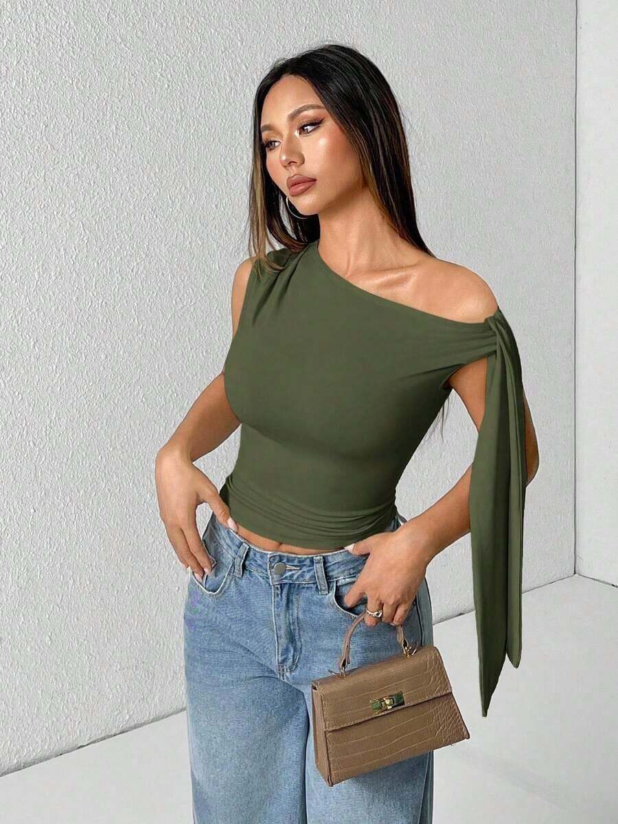 Top de hombro asimétrico con tirantes de atar de unicolor para mujer - Verde militar - Ver 1