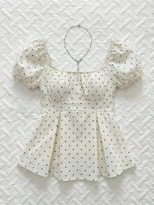 Sweetro Blusa de mujer con cuello en V, manga de pétalos y lunares blancos, estilo francés para primavera/verano - Albaricoque 2 - Ver 10