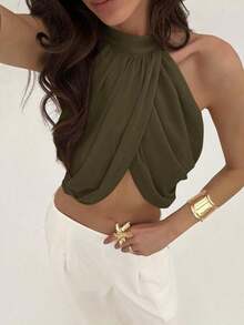 Blusa elegante y sexy para mujer con cuello cruzado, fruncido en la espalda y botones, de estilo casual y de vacaciones, de gasa - Verde militar - Ver 7