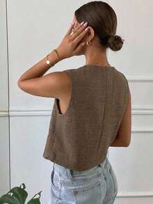 Chaqueta ajustada sin mangas de cuello redondo de unicolor para mujer, primavera/verano - Marrón - Ver 2