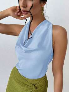 Blusa elegante minimalista con cuello drapeado y lazo delantero para mujeres, color albaricoque - Celeste - Ver 3