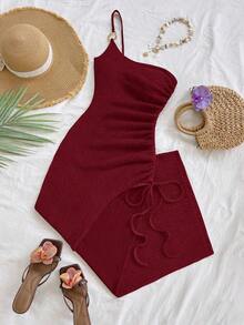 Vestido de mujer con textura de gofre tejido, diseño ajustado con abertura y cordón, adecuado para fiesta, cita, sexy, té de la tarde, playa, verano, festival de música, temporada de bodas - Burdeos 2 - Ver 3