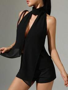 Top corto con cuello halter y espalda hueca de unicolor y estilo sexy - Negro - Ver 3
