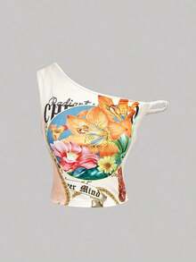 Top casual de tirantes con estampado de letras y frutas, ajuste ceñido para mujer - Multicolor 3 - Ver 3