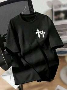 Men's Loose-Fitting T-Shirt With Dropped Shoulders And Print For Spring/Summer Casual Fashion, Comfortable Urban Design, Breathable Fabric, Relaxed Style, One Size Fits All, Vibrant Colors, Everyday Outfit, Summer Men's Clothing GHP1 - 黑色 - 查看 1