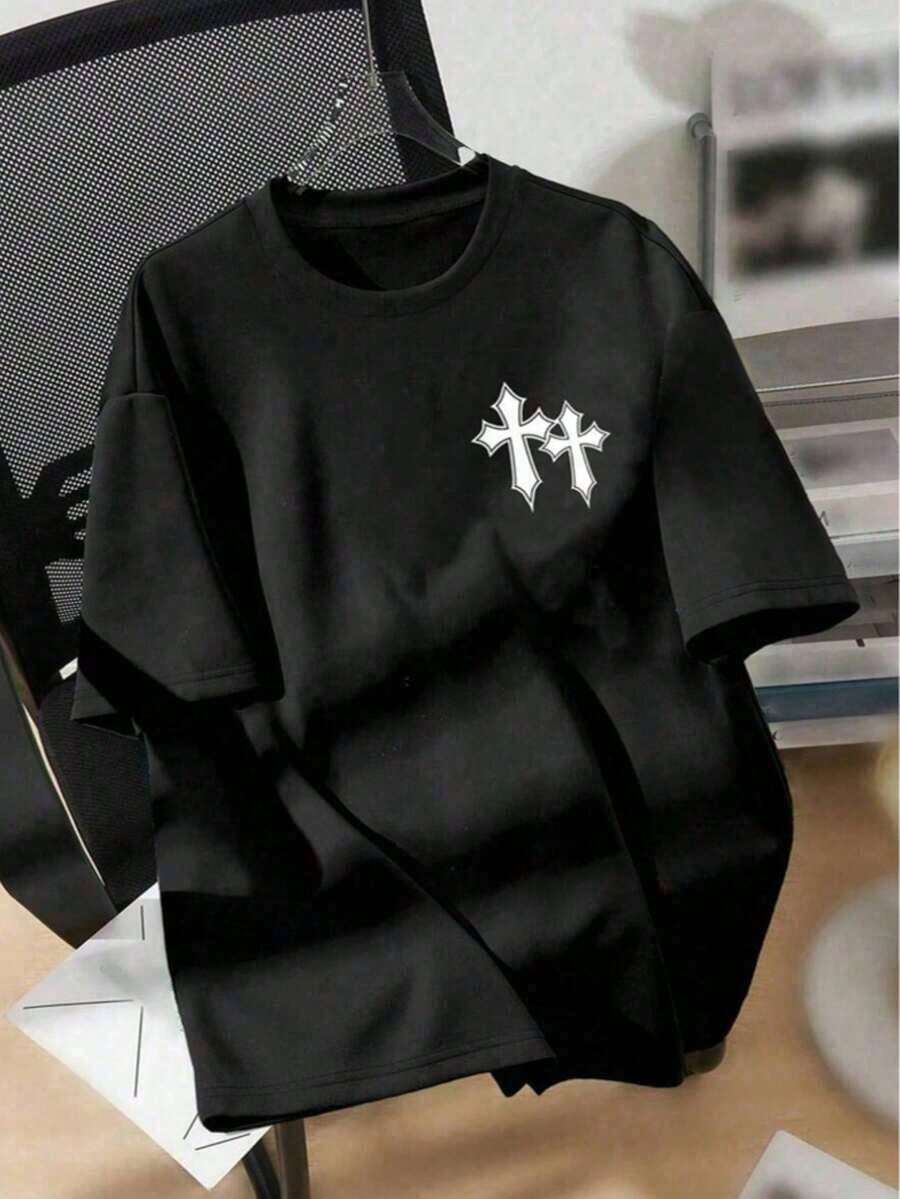 Men's Loose-Fitting T-Shirt With Dropped Shoulders And Print For Spring/Summer Casual Fashion, Comfortable Urban Design, Breathable Fabric, Relaxed Style, One Size Fits All, Vibrant Colors, Everyday Outfit, Summer Men's Clothing GHP1 - 黑色 - 查看 1