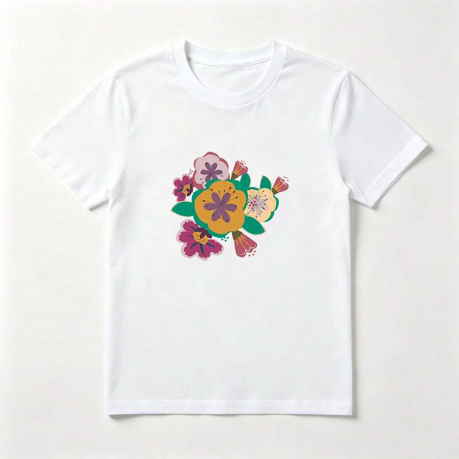 Playera Algodón Mujer Estampado Flores Coloridas - Diseño Floral Verano Fresco - Blanco - Ver 1
