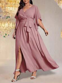 Vestido maxi elegante de fiesta con abertura, cuello en V ajustado, mangas acampanadas y cintura fruncida, talla grande para mujer - Rosa vieja - Ver 3