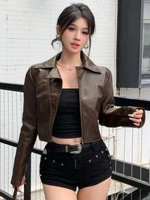 Chaqueta corta de PU casual y holgada para mujer, estilo callejero para otoño e invierno, ropa de mujer de otoño - Marrón - Ver 5