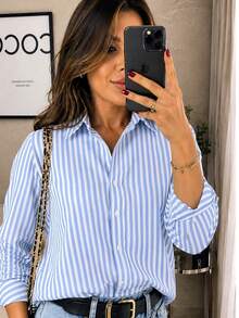 Women's Long-Sleeved Striped Shirt With Buttons, Loose Fit, In Premium Crepe Fabric, No Pockets, , Casual, Elegant - 淺藍色 - 查看 1